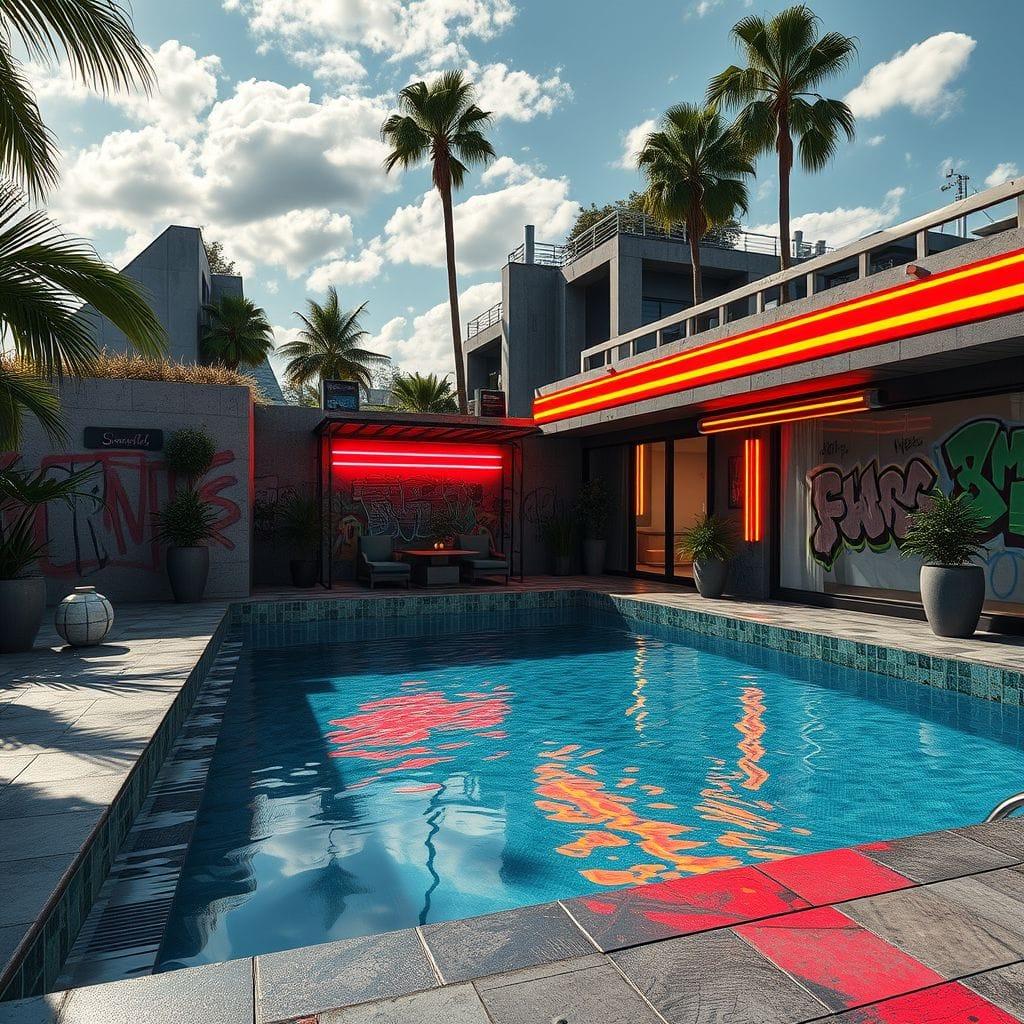 Cyberpunk Outdoor Pool Area design example 1
