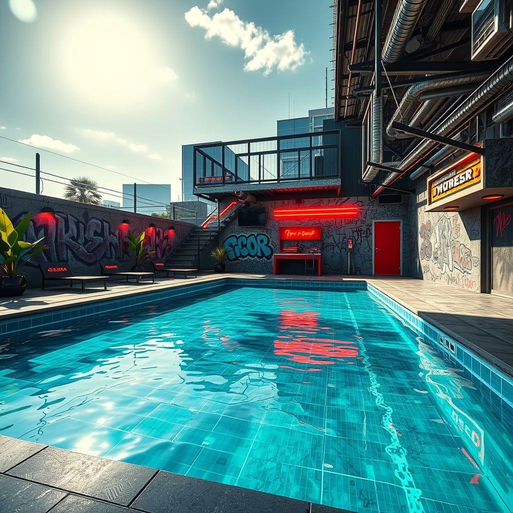 Cyberpunk Outdoor Pool Area design example 2