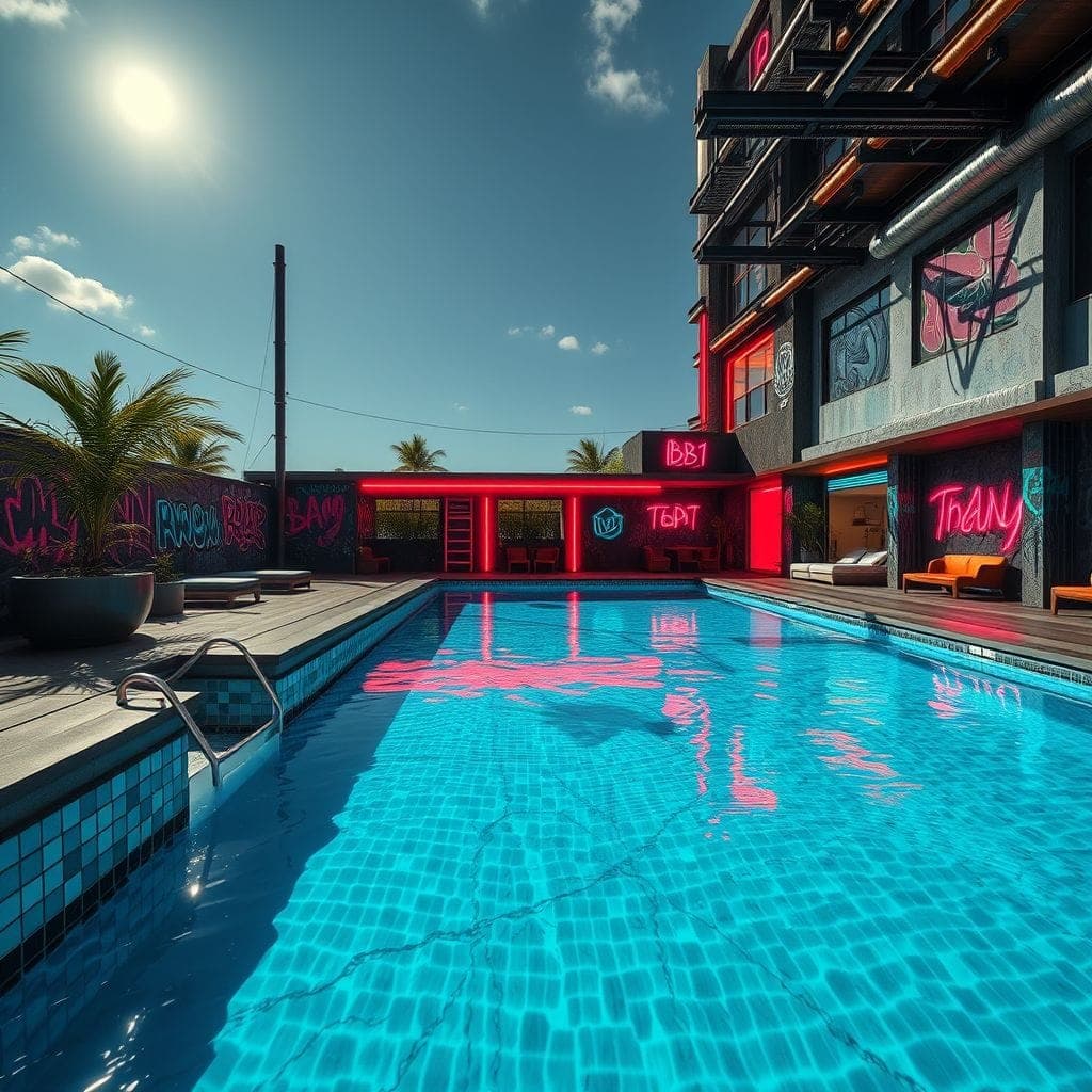 Cyberpunk Outdoor Pool Area design example 3
