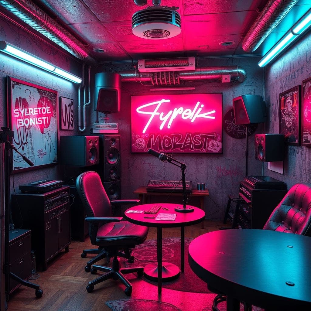 Cyberpunk Podcast Studio design example 1