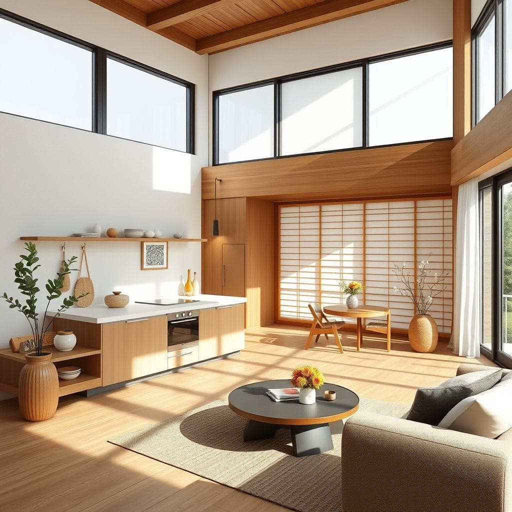 Japandi Kitchen Living Combo design example 1