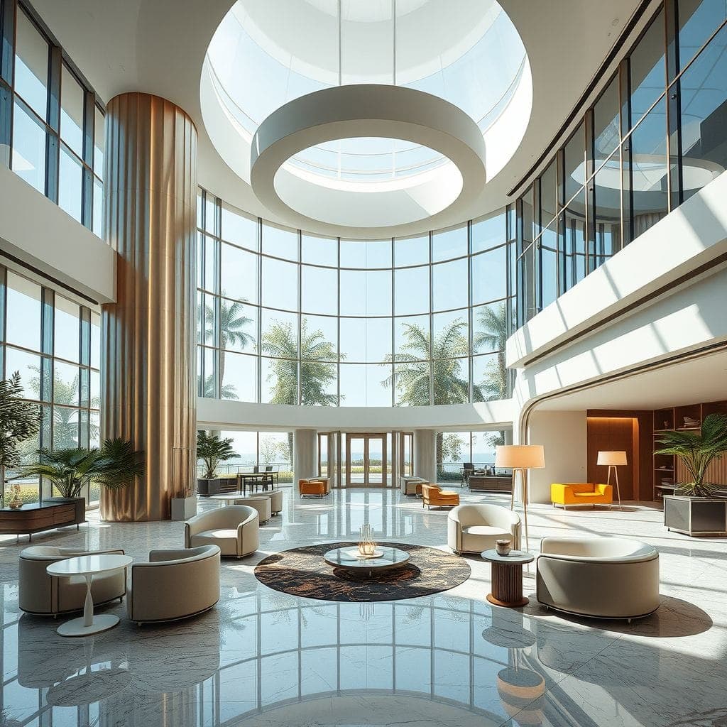 Retro Futuristic Hotel Lobby design example 1