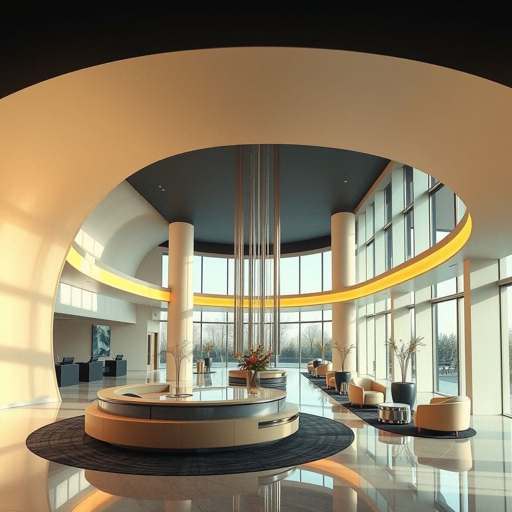 Retro Futuristic Hotel Lobby design example 3