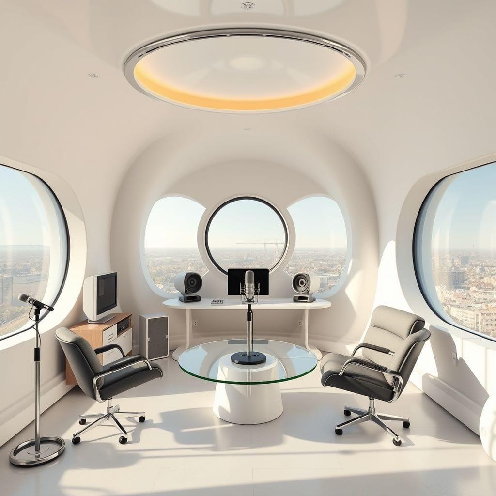 Retro Futuristic Podcast Studio design example 1