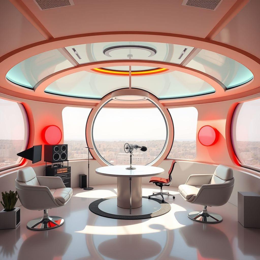 Retro Futuristic Podcast Studio design example 3