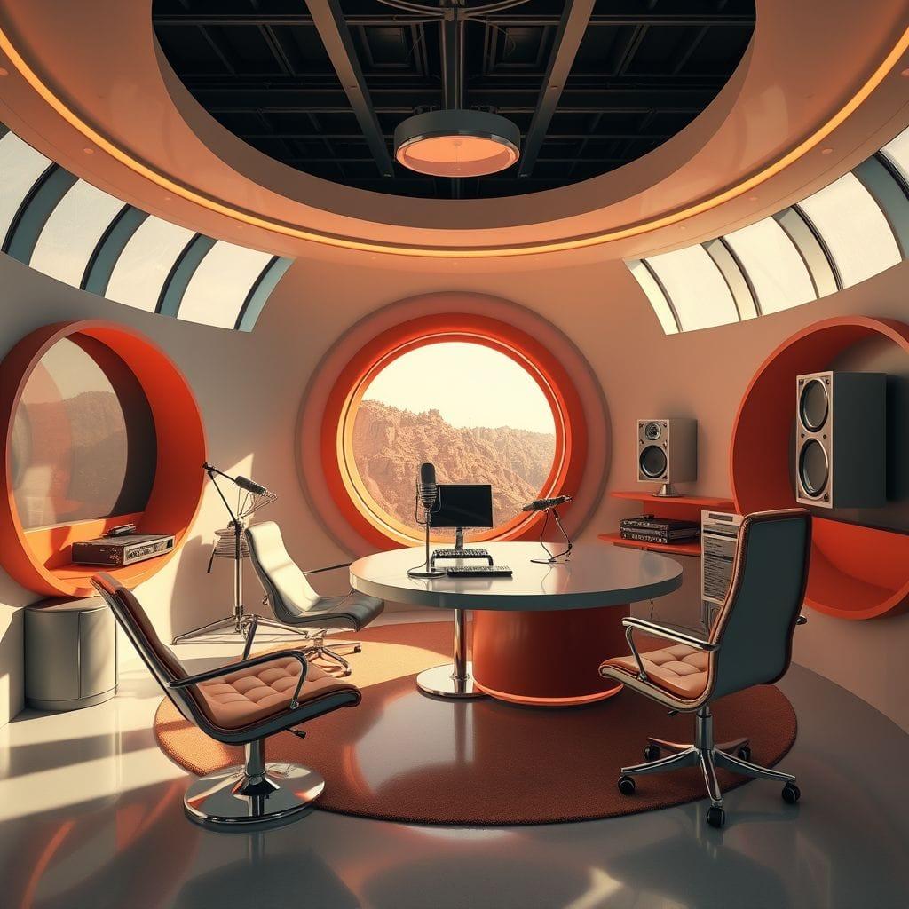 Retro Futuristic Podcast Studio design example 4