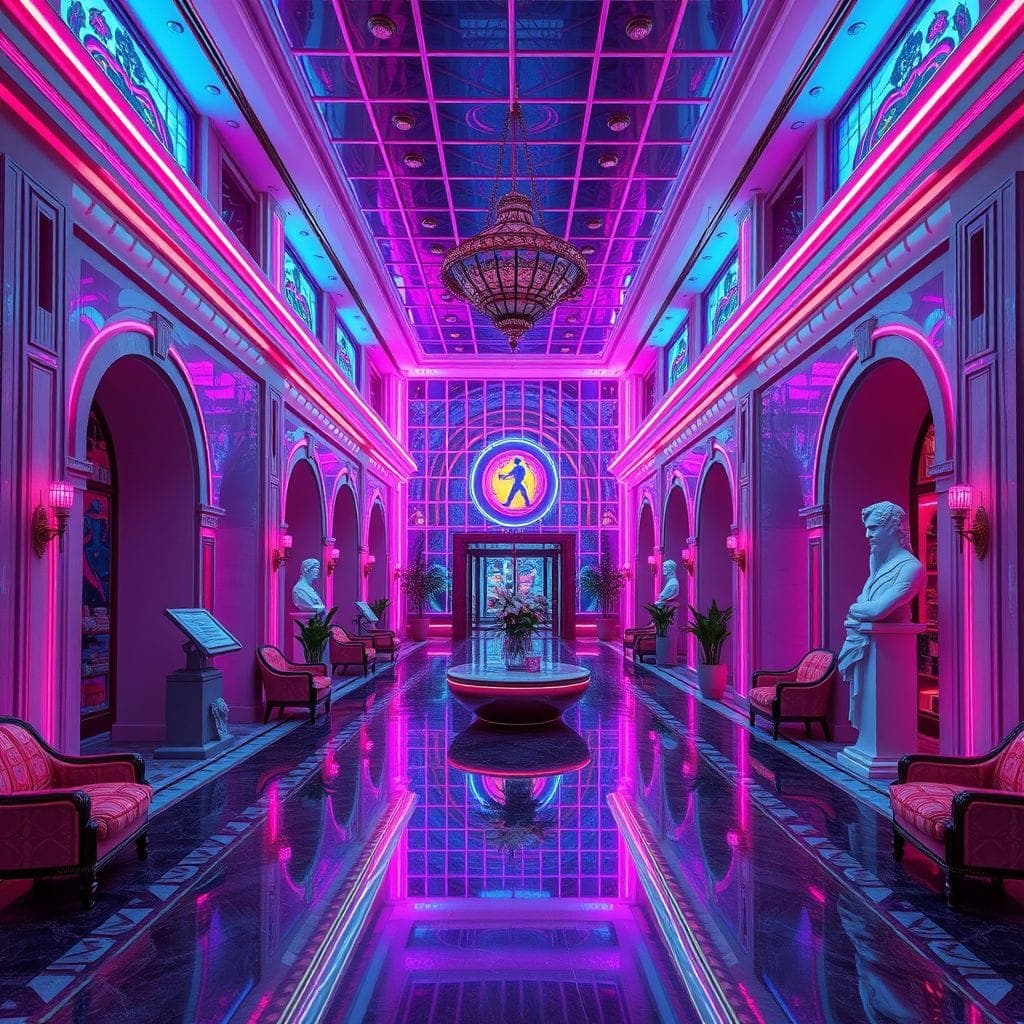 Vaporwave Hotel Lobby design example 1