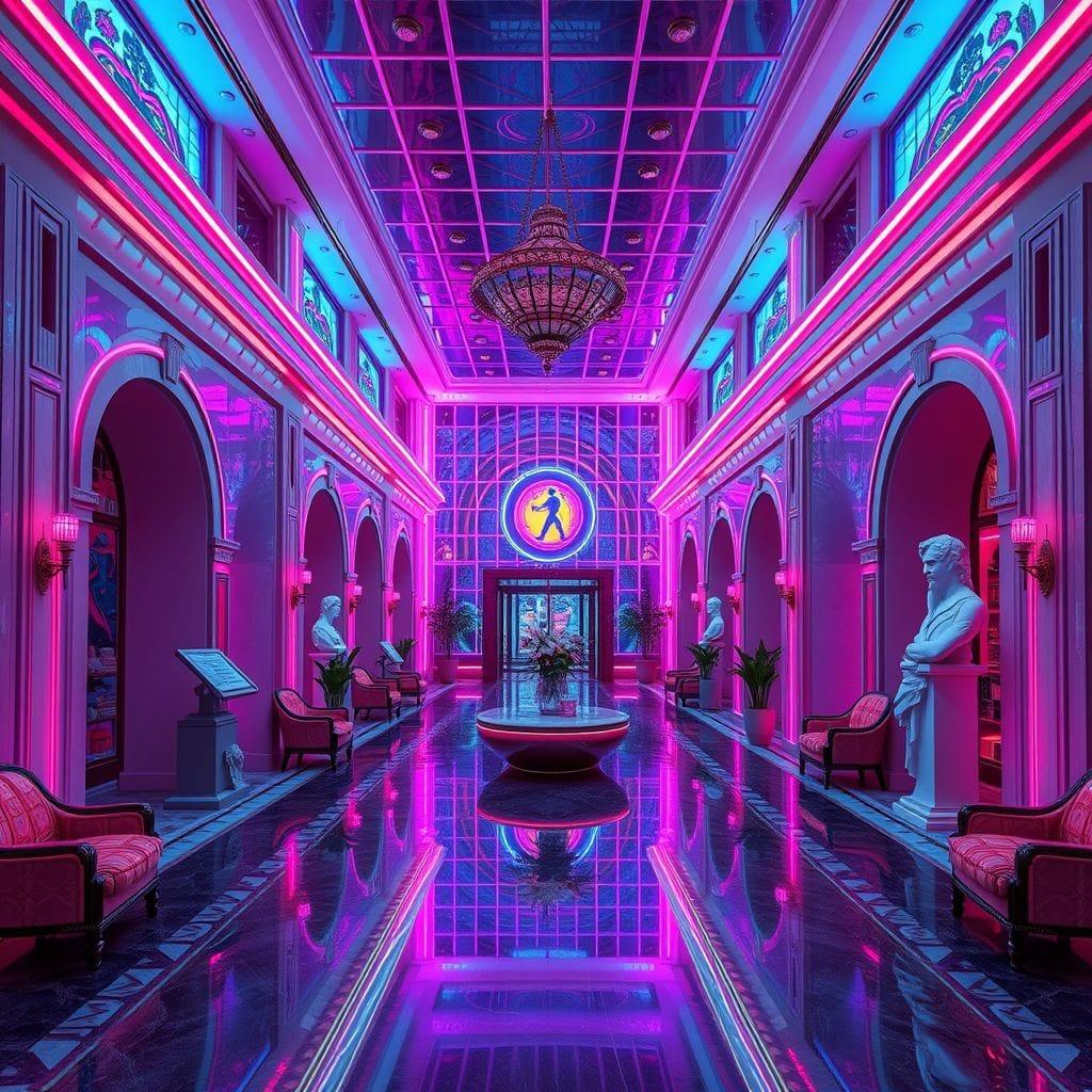 Vaporwave Hotel Lobby design example 1