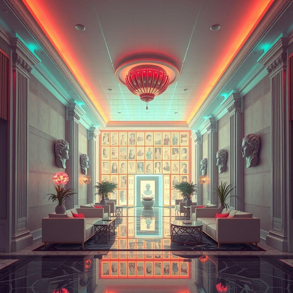 Vaporwave Hotel Lobby design example 2