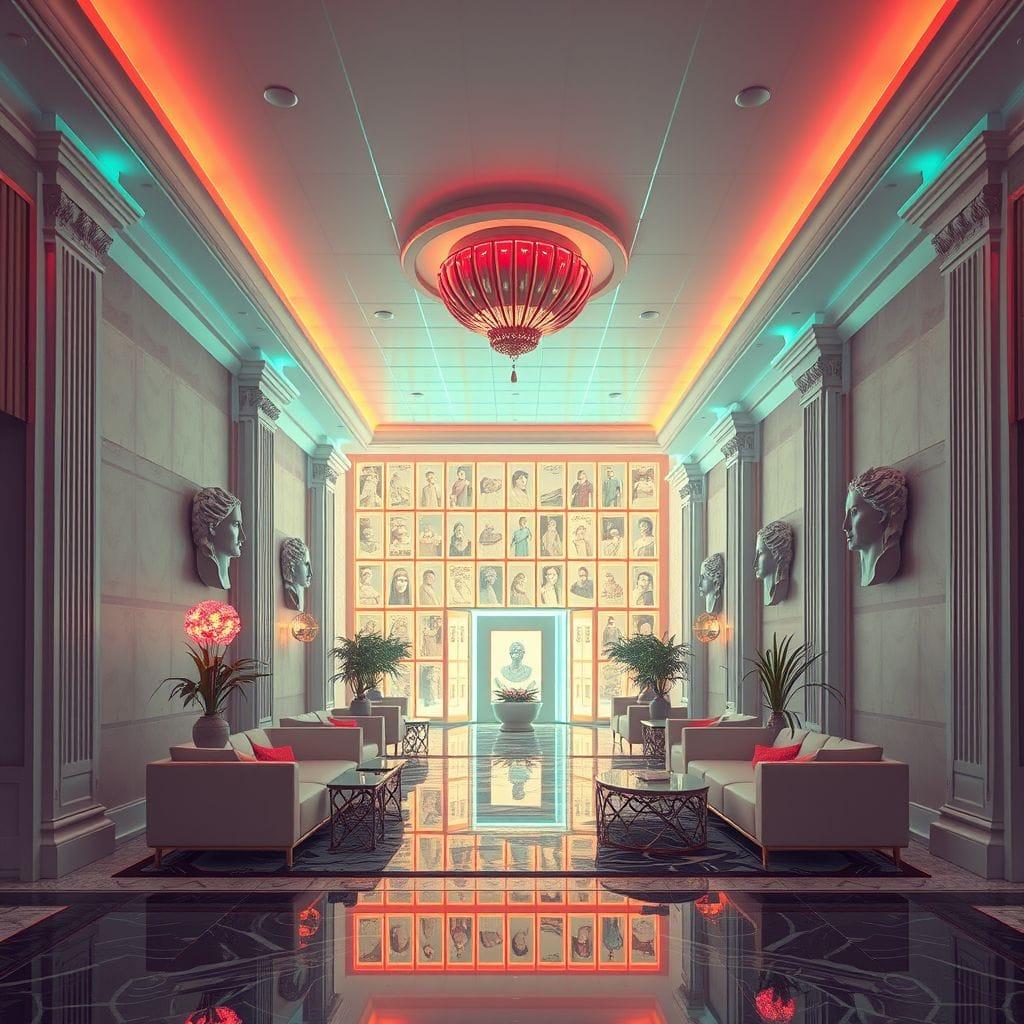 Vaporwave Hotel Lobby design example 2