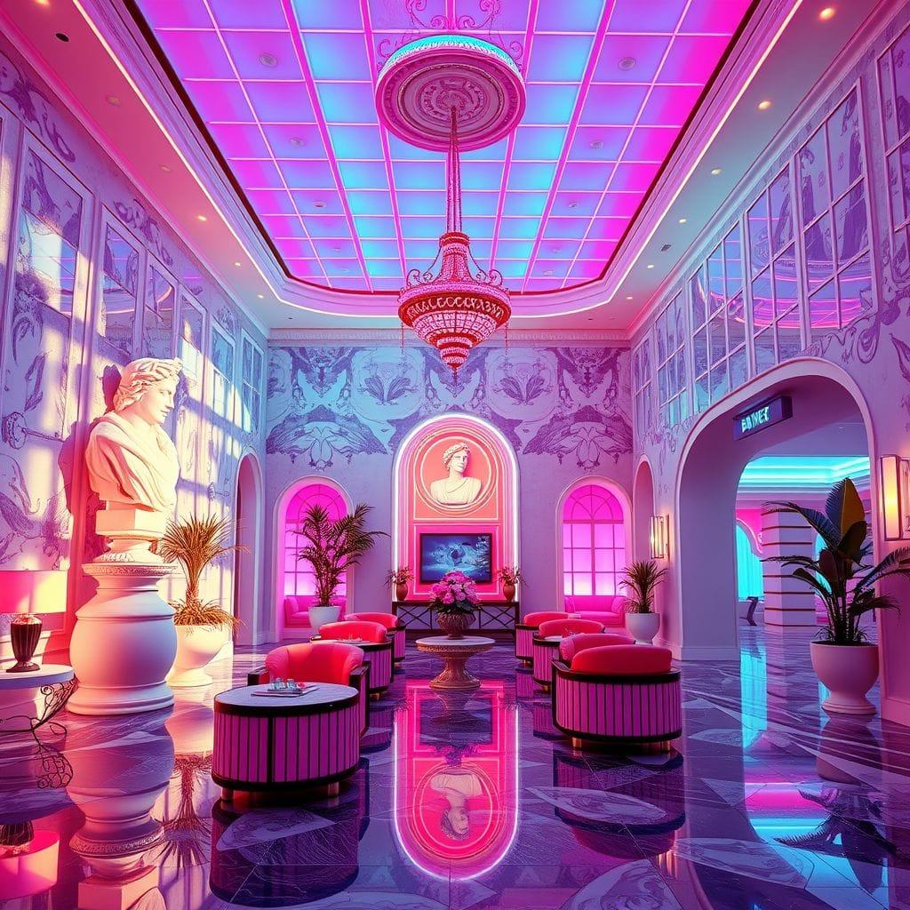 Vaporwave Hotel Lobby design example 3