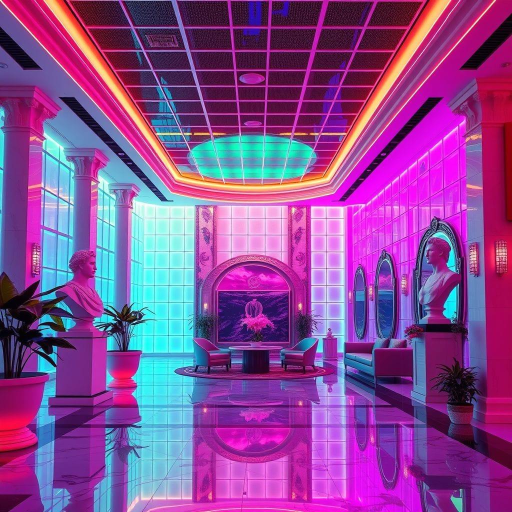 Vaporwave Hotel Lobby design example 4