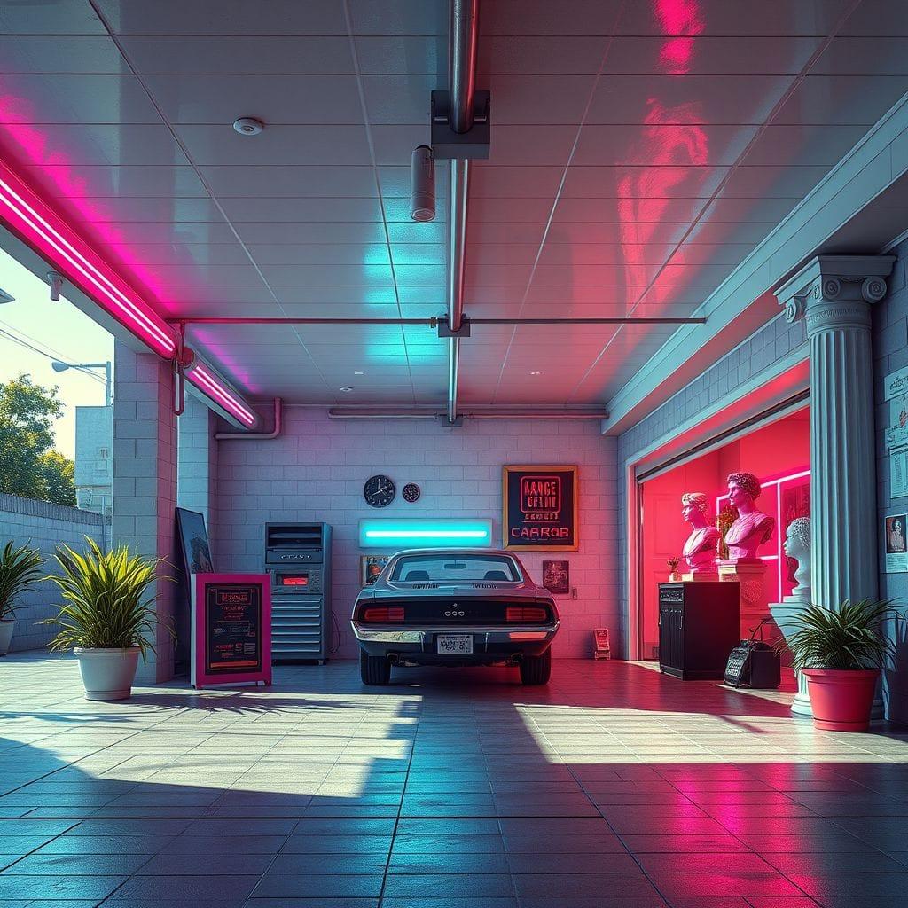 Vaporwave Outdoor Garage design example 1
