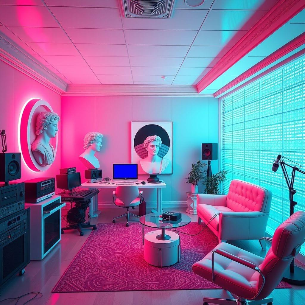 Vaporwave Podcast Studio design example 3