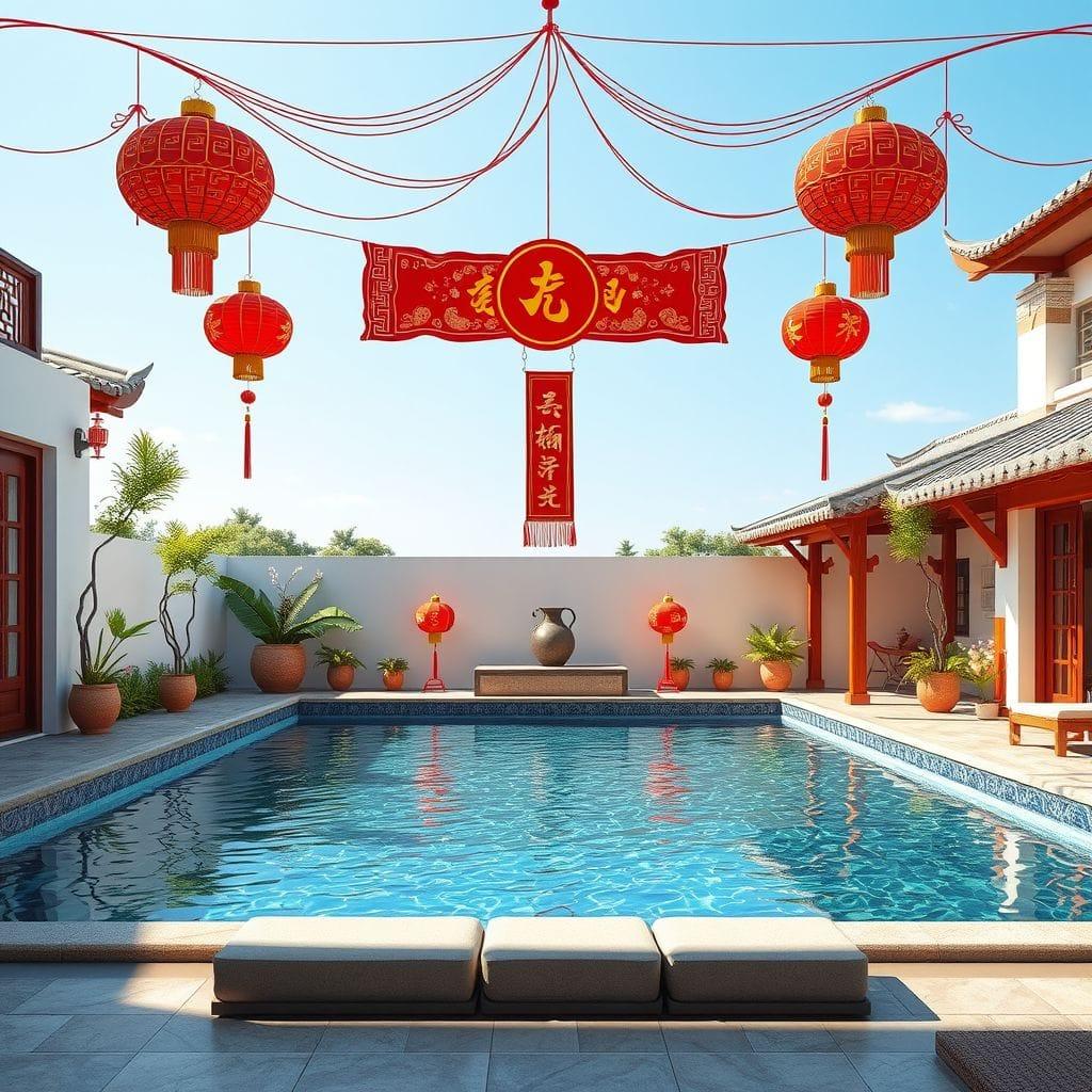 Chinese New Year outdoor pool area - AI Generated