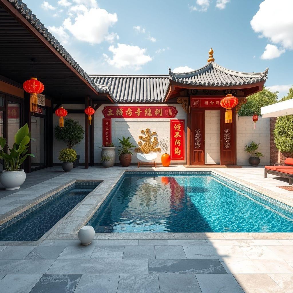 Chinese New Year outdoor pool area - AI Generated