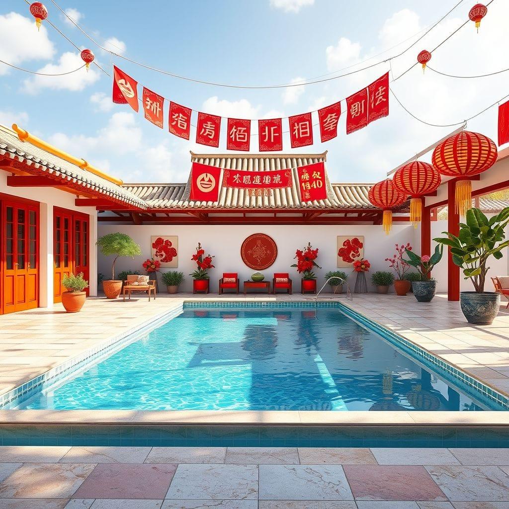 Chinese New Year outdoor pool area - AI Generated