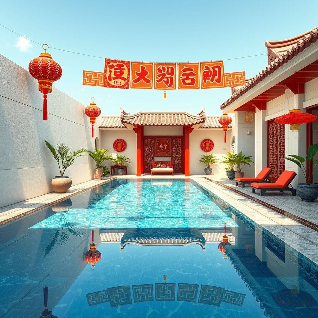 Chinese New Year outdoor pool area - AI Generated