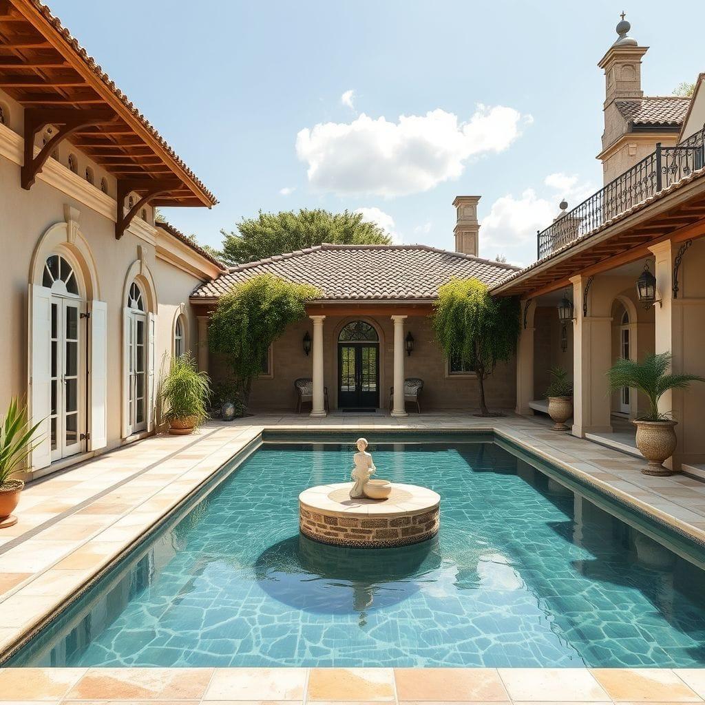 French Country outdoor pool area - AI Generated