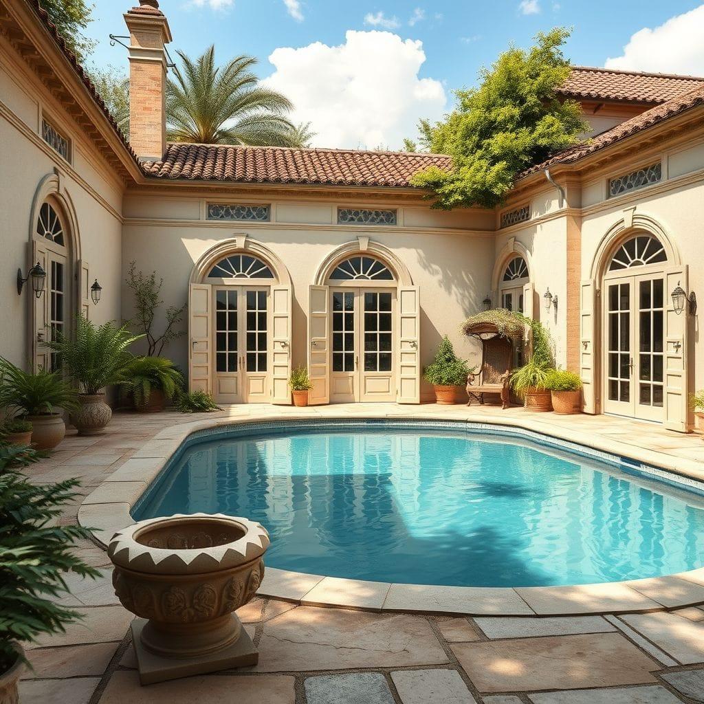 French Country outdoor pool area - AI Generated