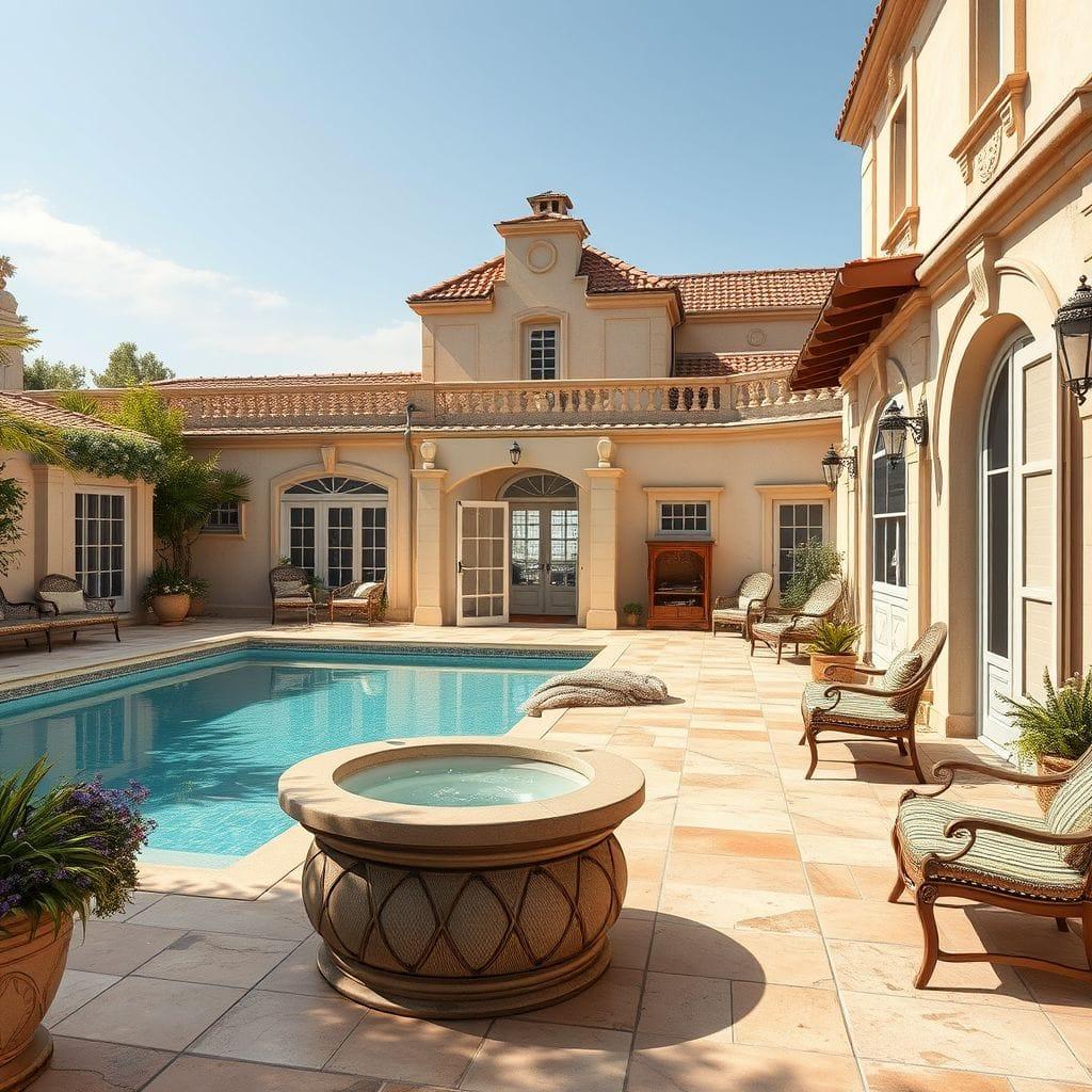 French Country outdoor pool area - AI Generated