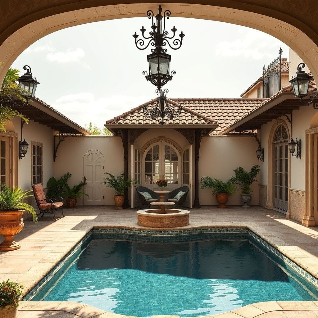 French Country outdoor pool area - AI Generated