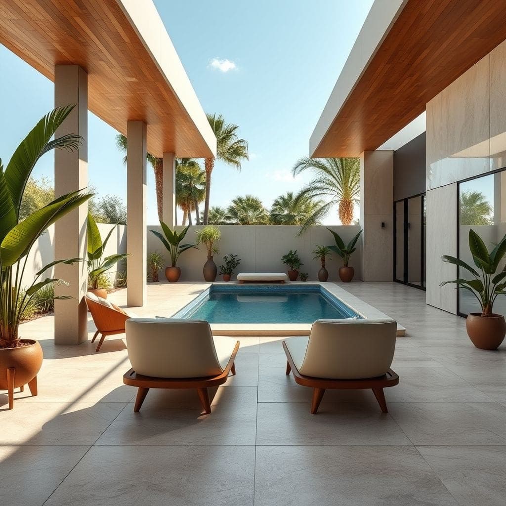 Midcentury Modern outdoor pool area - AI Generated