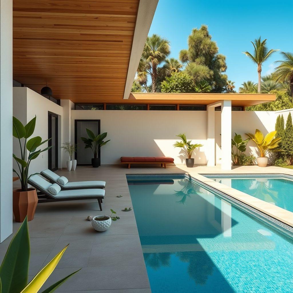 Midcentury Modern outdoor pool area - AI Generated
