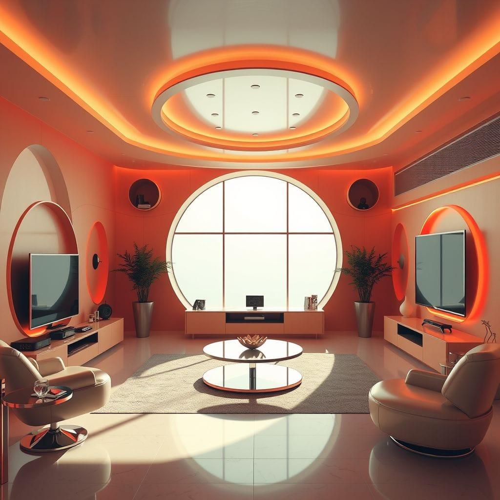 Retro Futuristic entertainment room - AI Generated