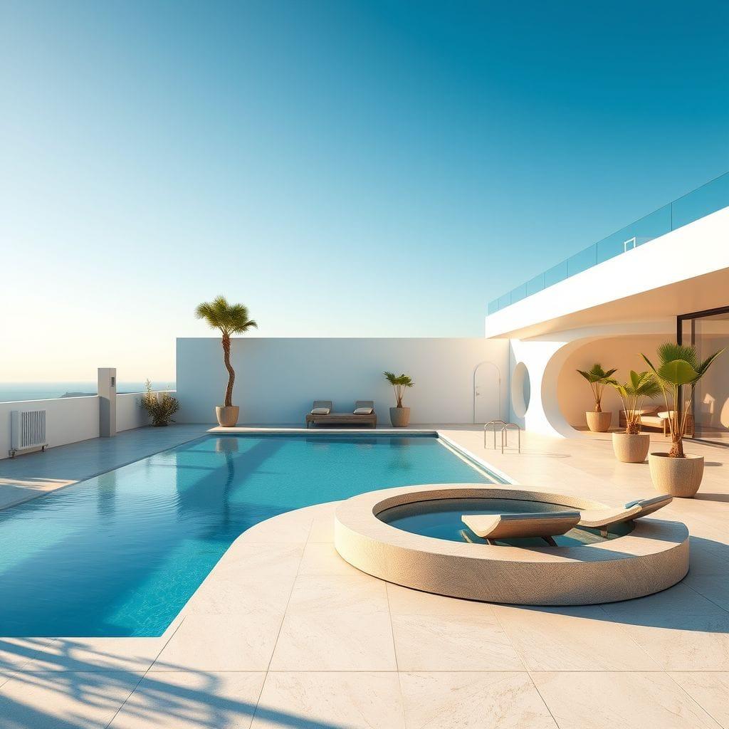 Retro Futuristic outdoor pool area - AI Generated