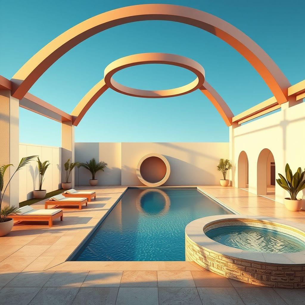 Retro Futuristic outdoor pool area - AI Generated