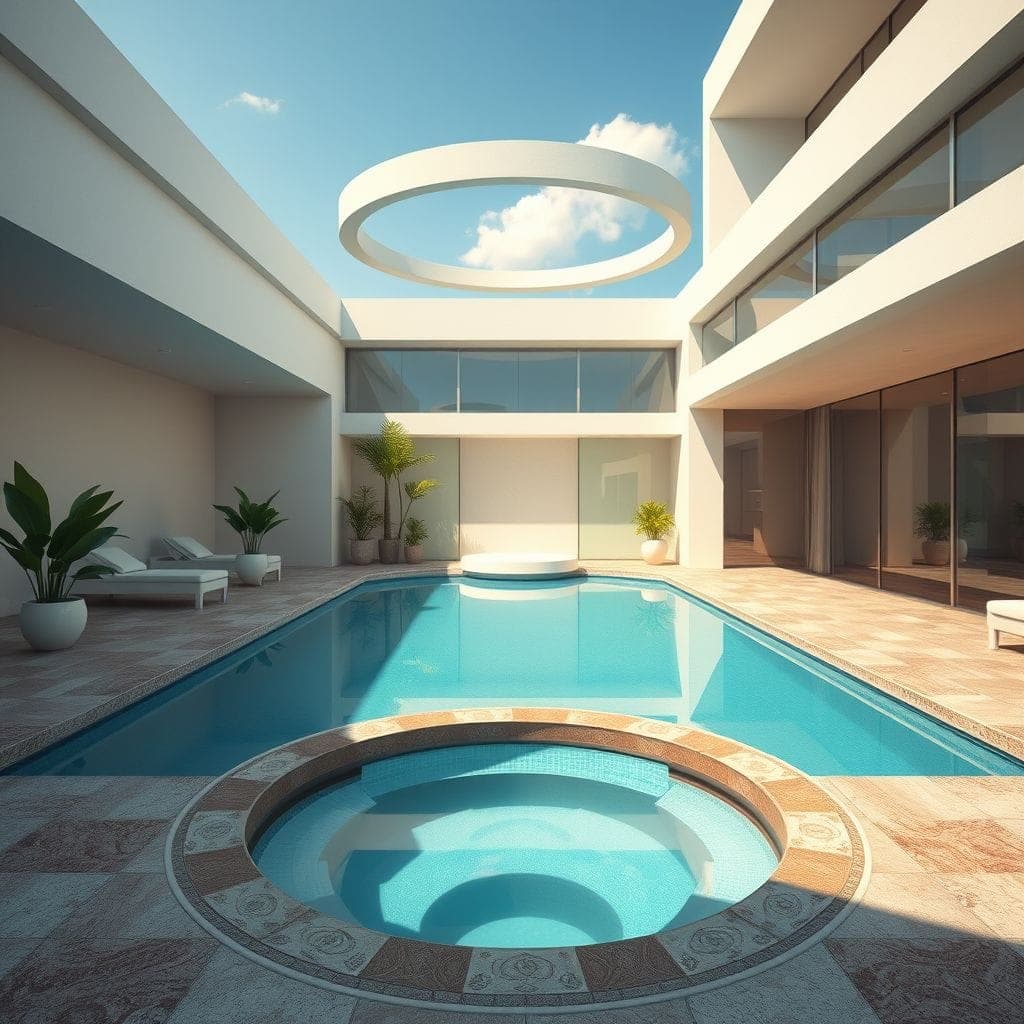 Retro Futuristic outdoor pool area - AI Generated